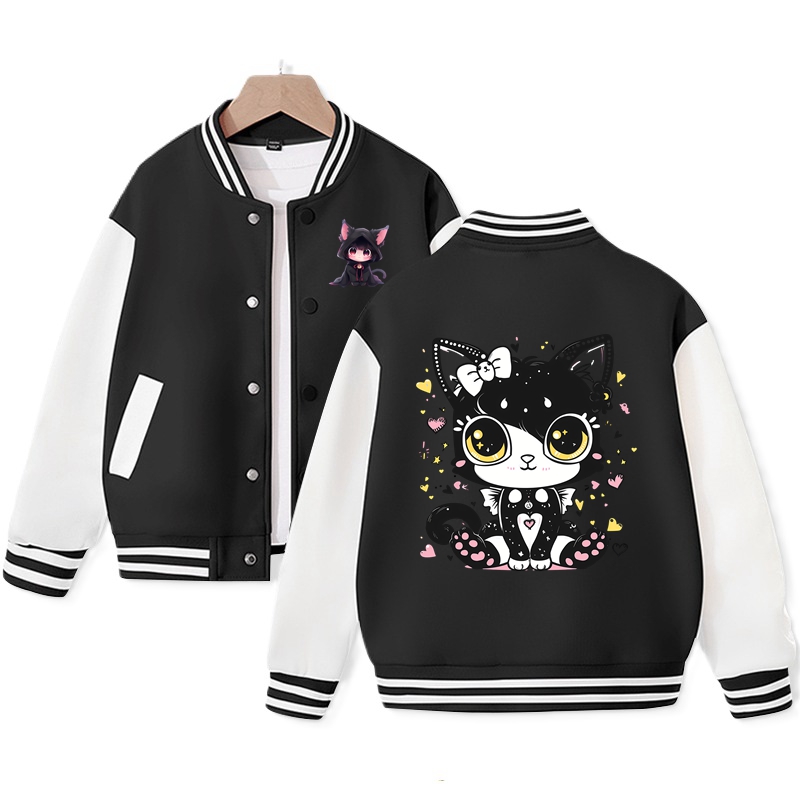 Kuromi Style Black Cat Varsity Jacket for Kids Girl's Jacket Cotton Jacket Trending Tops