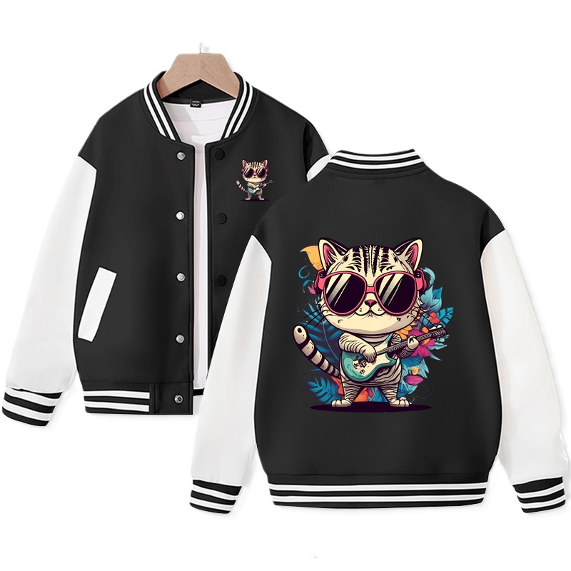 Cute Cat Varsity Jacket for Girls Kid's Cat Graphic Print Jacket Trending Cotton Tops