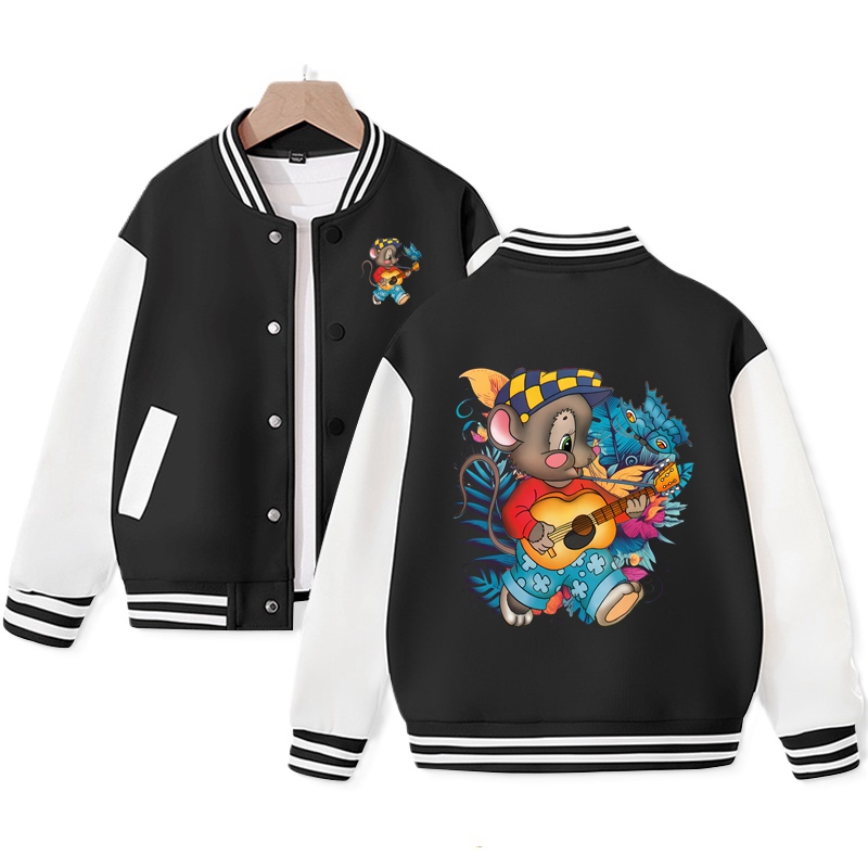 Cute Mouse Varsity Jacket for Girls Kid's Mouse Graphic Print Jacket Trending Cotton Tops