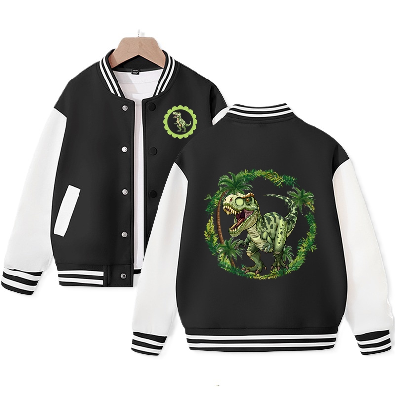 Dinosaur Graphic Print Varsity Jacket for Girls Cotton Fabric Gift for Kids