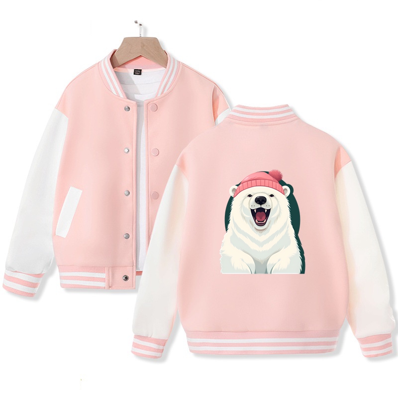 Polar Bear with Pink Hat Varsity Jacket for Kids Cute Polar Bear Print Jacket Cotton Jacket Gift for Kids
