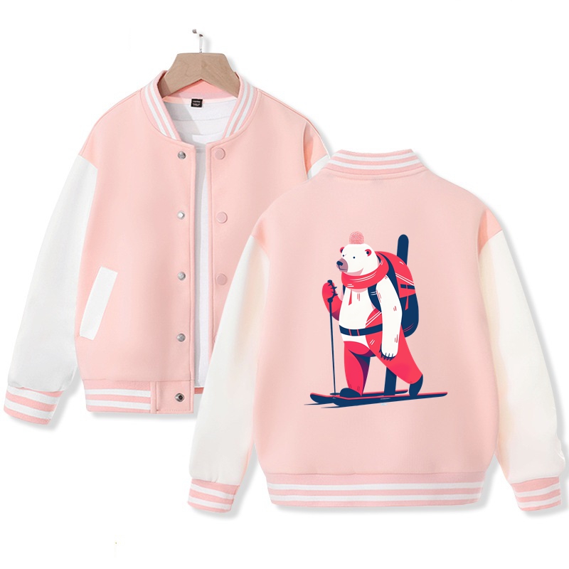 Polar Bear Skiing Varsity Jacket for Kids Cute Polar Bear Print Jacket Cotton Jacket Gift for Kids
