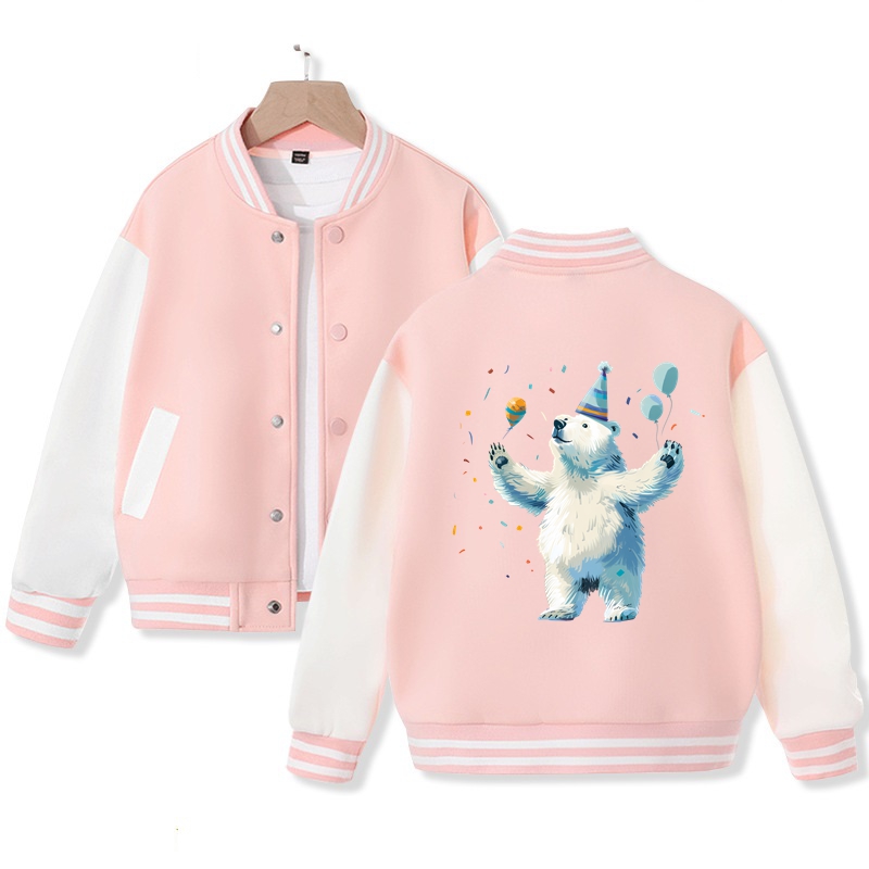 Polar Bear in Party Hat with Balloons Varsity Jacket for Kids Cute Polar Bear Print Jacket Cotton Jacket Gift for Kids