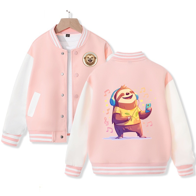 Happy Sloth Varsity Jacket for Girls Bomber Jacket Cotton Fabric Nice Gift for Kids