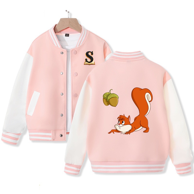 Cute Squirrel Graphic Varsity Jacket for Girls Bomber Jacket Cotton Fabric Nice Gift 