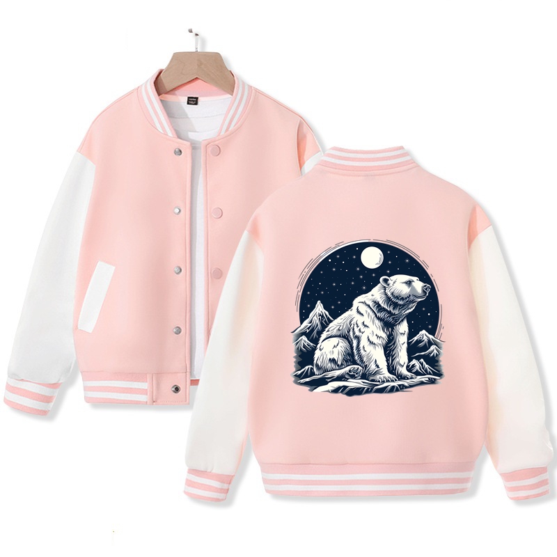Moonlight Polar Bear Varsity Jacket for Kids Cute Polar Bear Print Jacket Cotton Jacket Gift for Kids