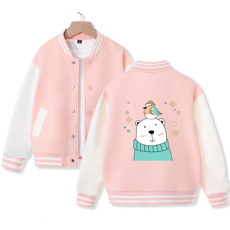 Snowflake Polar Bear Varsity Jacket for Kids Cute Polar Bear Print Jacket Cotton Jacket Gift for Kids