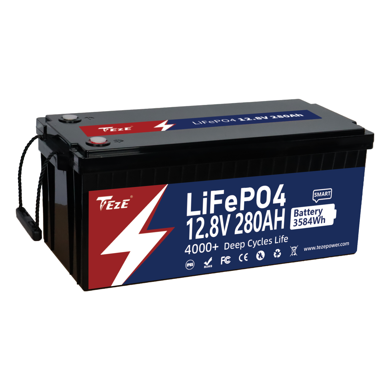 TezePower 12V 280Ah LiFePO4 Battery with Bluetooth, Built-in Smart 200A Daly BMS, Self-heating and Active Balancer