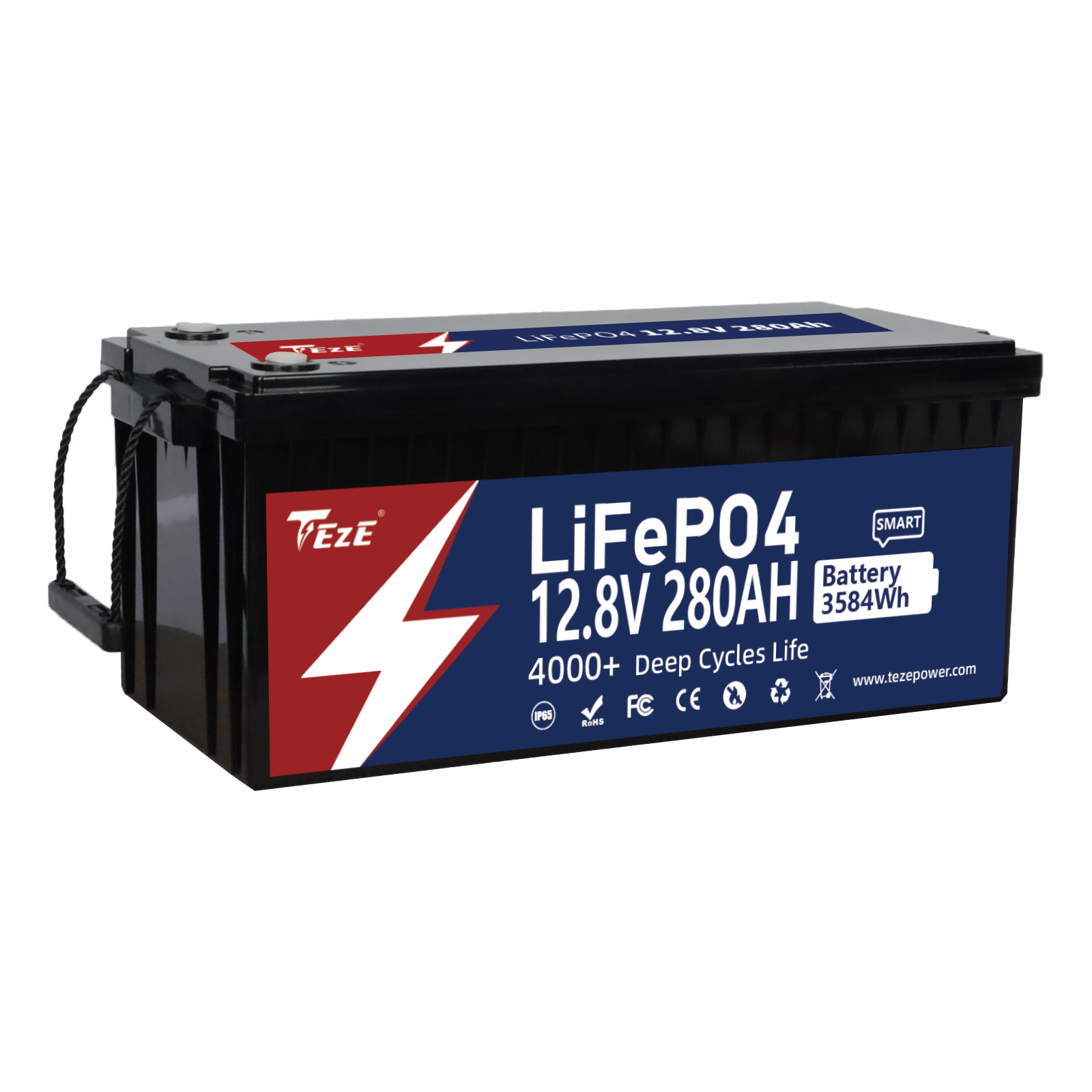 TezePower 12V 280Ah LiFePO4 Battery with Bluetooth, Built-in Smart 200A Daly BMS, Self-heating and Active Balancer
