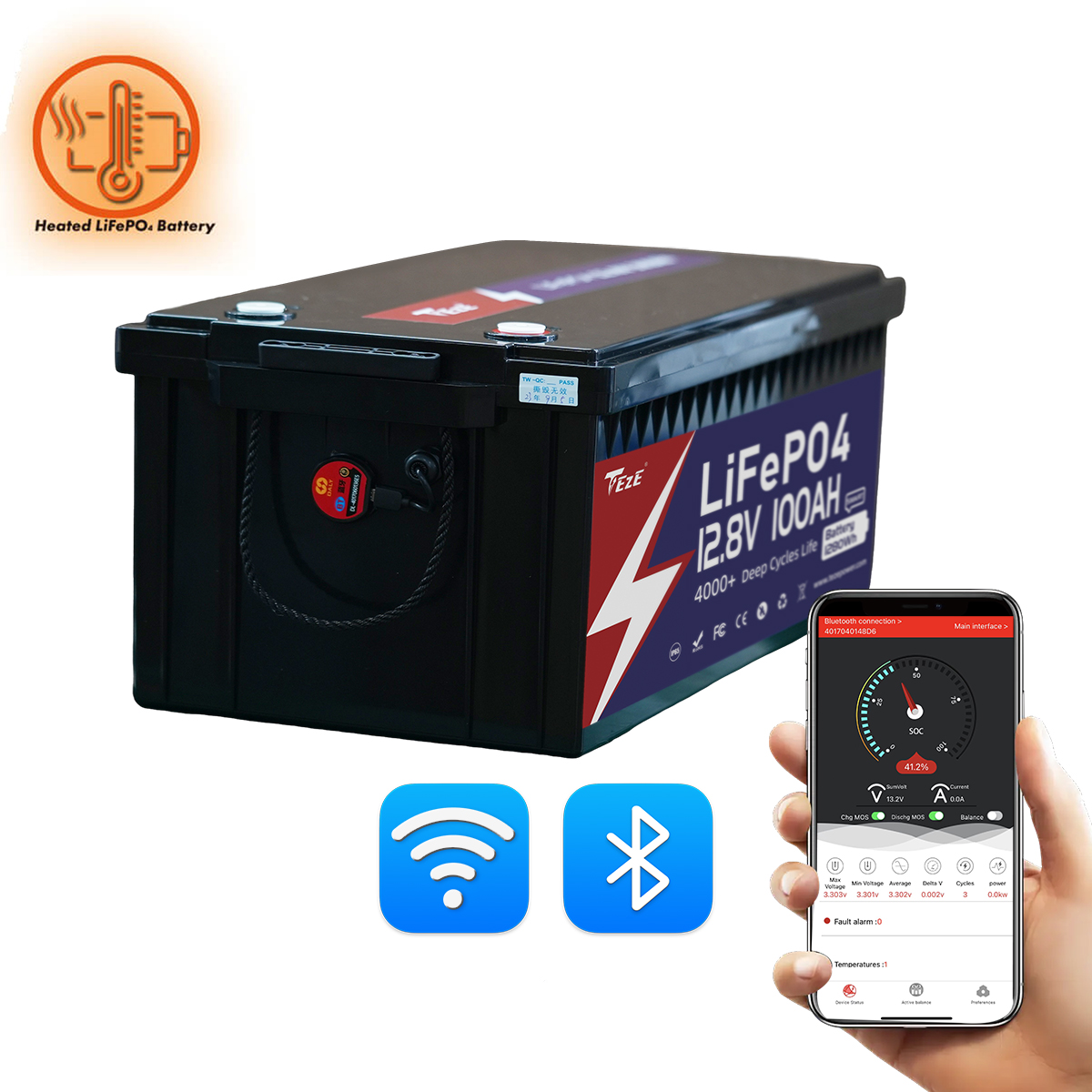 New Add WiFi-TezePower 12V 100Ah LiFePO4 Battery with WiFi and Bluetooth, Self-heating and Active Balancer, Built-in 100A Daly BMS(WiFi External Version)-TezePower