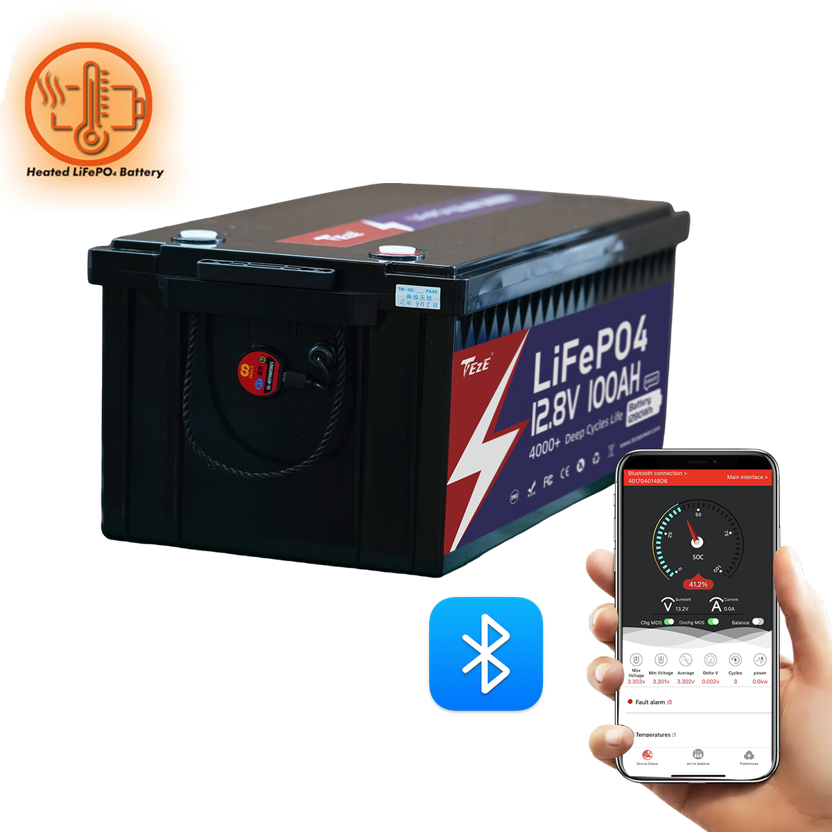 NEW-TezePower 12V100Ah LiFePO4 Battery with Bluetooth, Self-heating and Active Balancer, Built-in 100A Daly BMS (Bluetooth External Version)