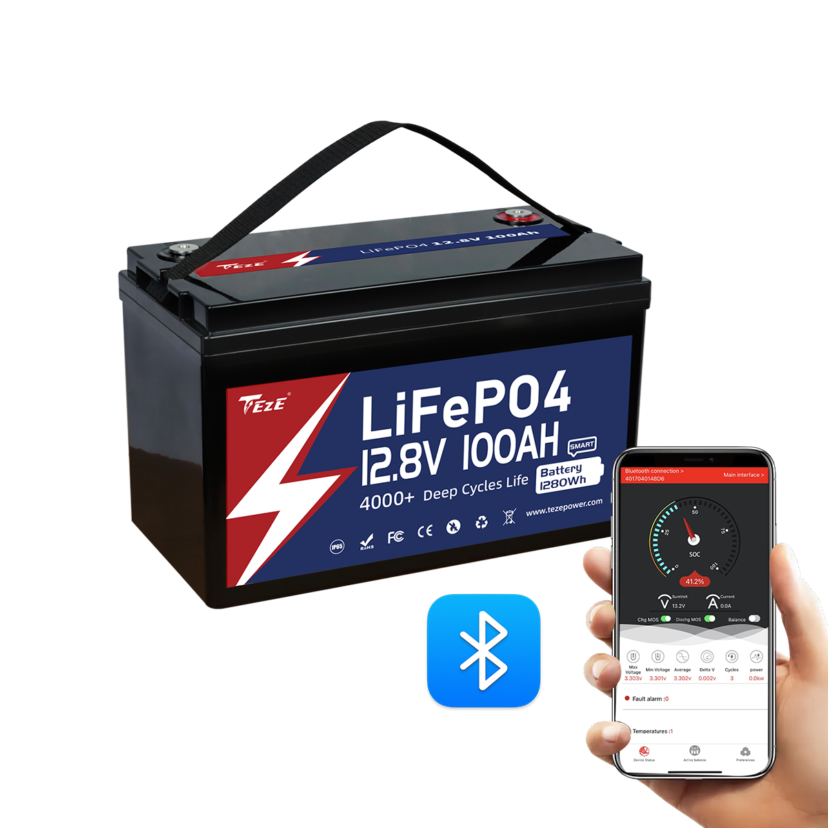 TezePower 12V 100Ah LiFePO4 Battery with Bluetooth, Self-heating and Active Balancer, Built-in Smart 100A Daly BMS(Bluetooth Built-in Version)-TezePower