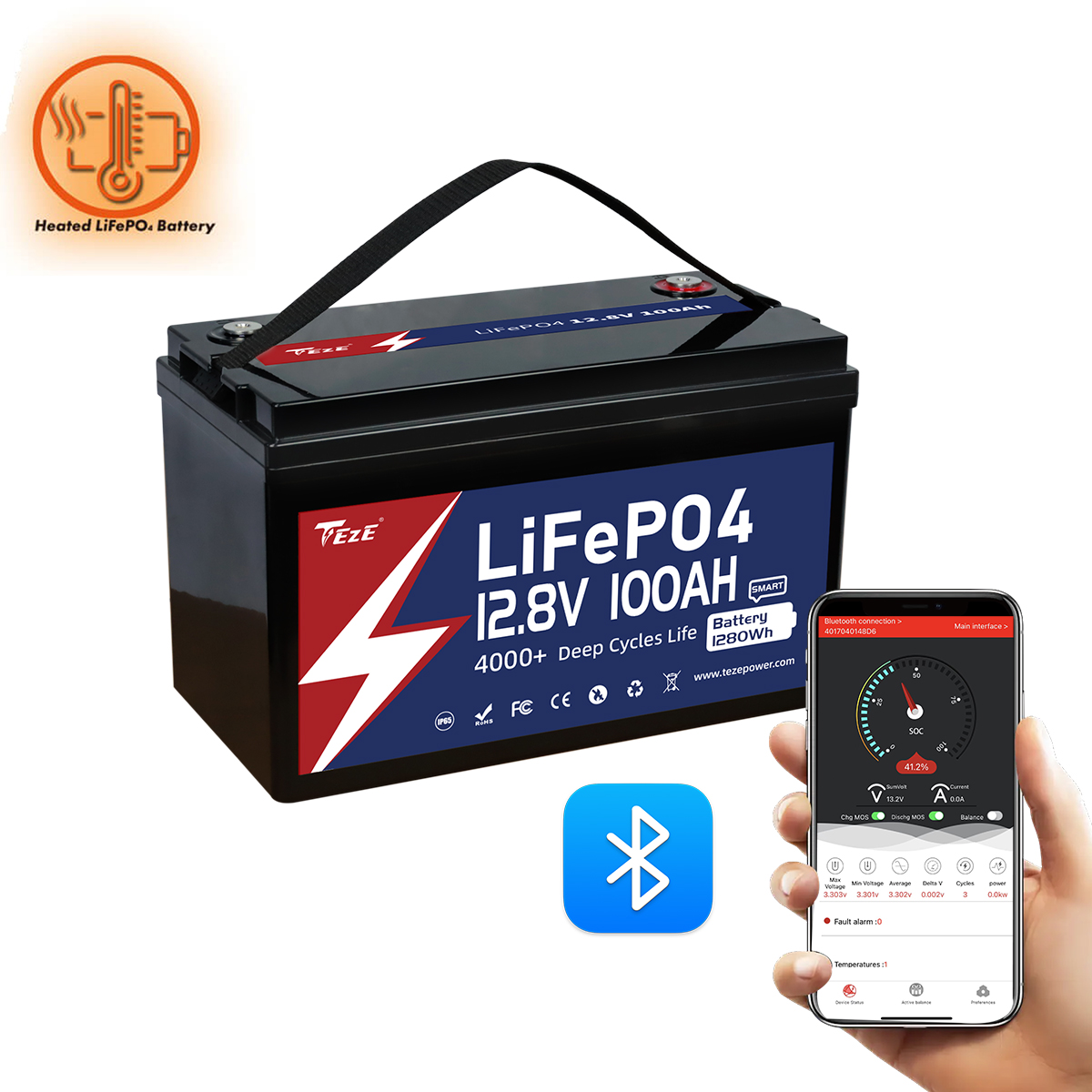 TezePower 12V 100Ah LiFePO4 Battery with Bluetooth, Self-heating and Active Balancer, Built-in 100A Daly BMS(Bluetooth Built-in Version)