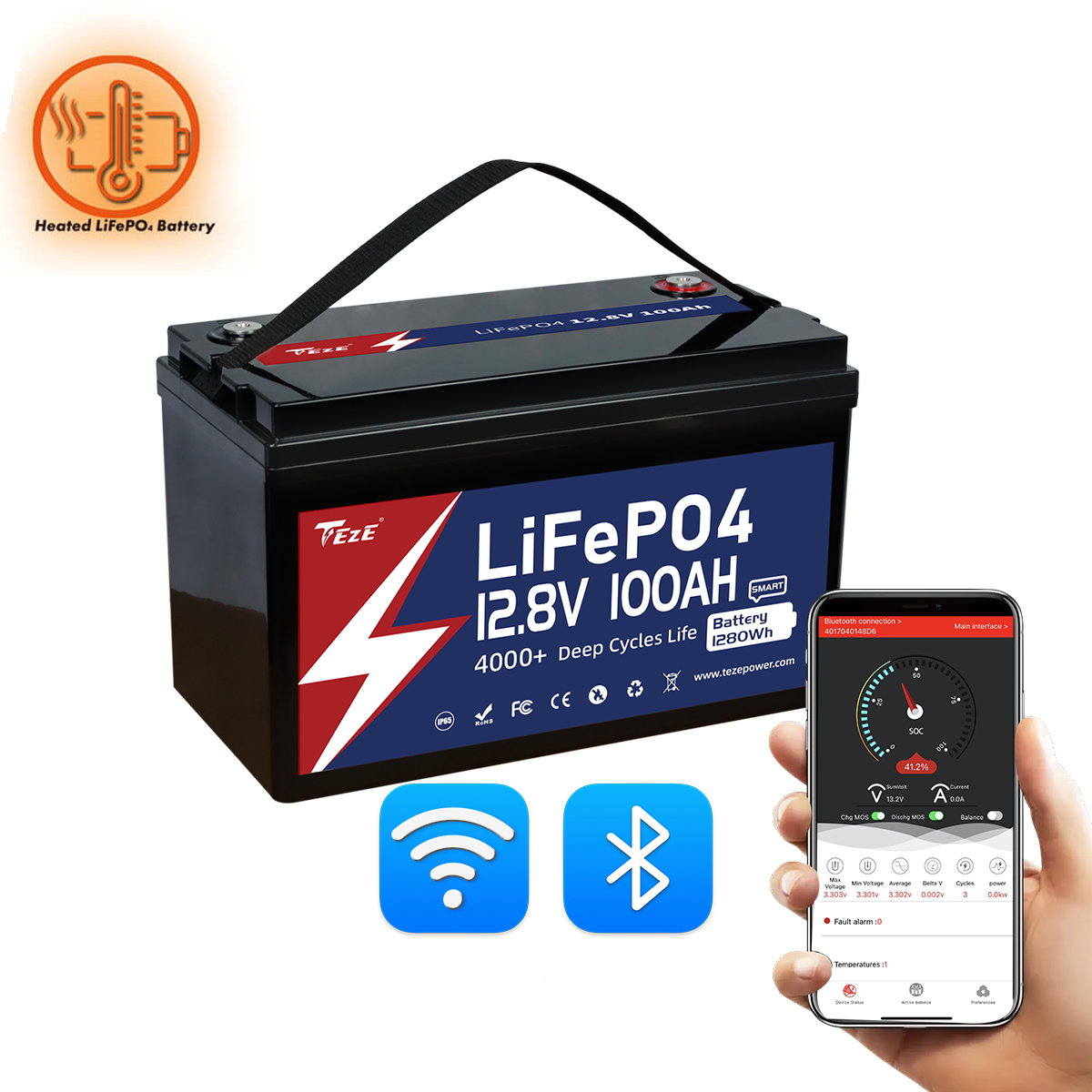 New Add WiFi-TezePower 12V 100Ah LiFePO4 Battery with WiFi and Bluetooth, Self-heating and Active Balancer, Built-in 100A Daly BMS(WiFi Built-in Version)-TezePower