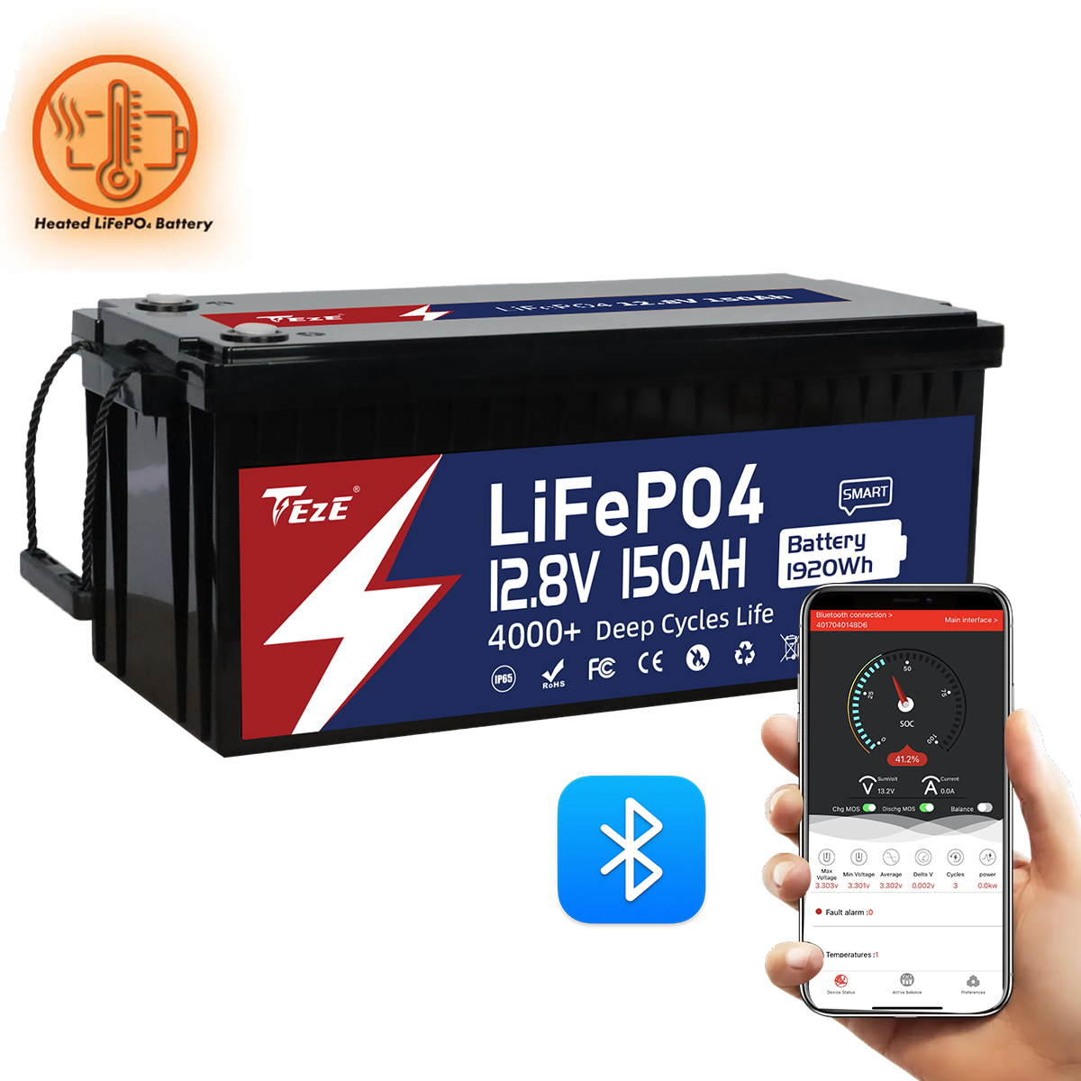 TezePower 12V 150Ah LiFePO4 Battery with Bluetooth, Self-heating and Active Balancer, Built-in 150A Daly BMS(Bluetooth Built-in Version)