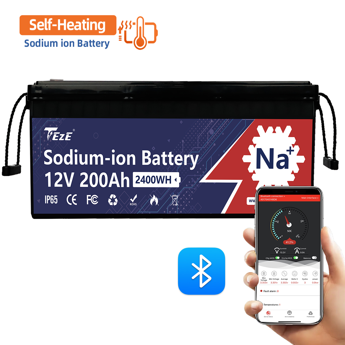 TezePower 12V 200Ah Sodium ion Battery with Bluetooth, Self-heating and Active Balancer, Built-in 200A Daly BMS (Bluetooth Built-in Version)