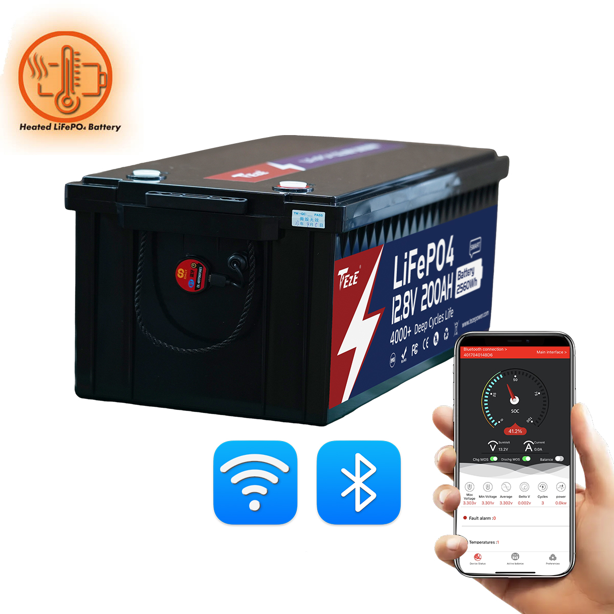 TezePower 12V 200Ah LiFePO4 Battery with RS485/RS232/CAN Communication Ports, WiFi and Bluetooth, Self-heating and Active Balancer, Built-in 200A Daly BMS(WiFi External Version)-TezePower