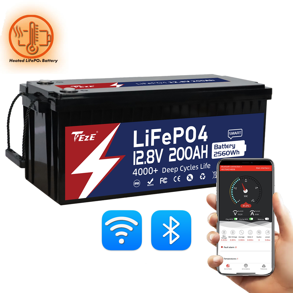 TezePower 12V 200Ah LiFePO4 Battery with RS485/RS232/CAN Communication Ports, WiFi and Bluetooth, Self-heating and Active Balancer, Built-in 200A Daly BMS(WiFi Built-in Version)-TezePower