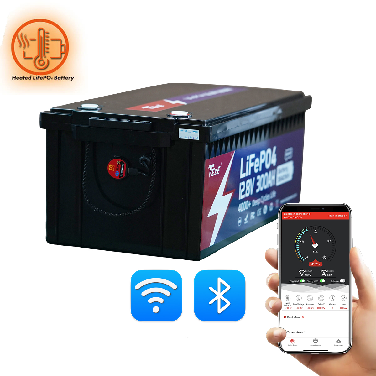 New Add WiFi-TezePower 12V 300Ah LiFePO4 Battery with WIFI and Bluetooth, Self-heating and Active Balancer, Built-in 200A Daly BMS(WIFI External Version)