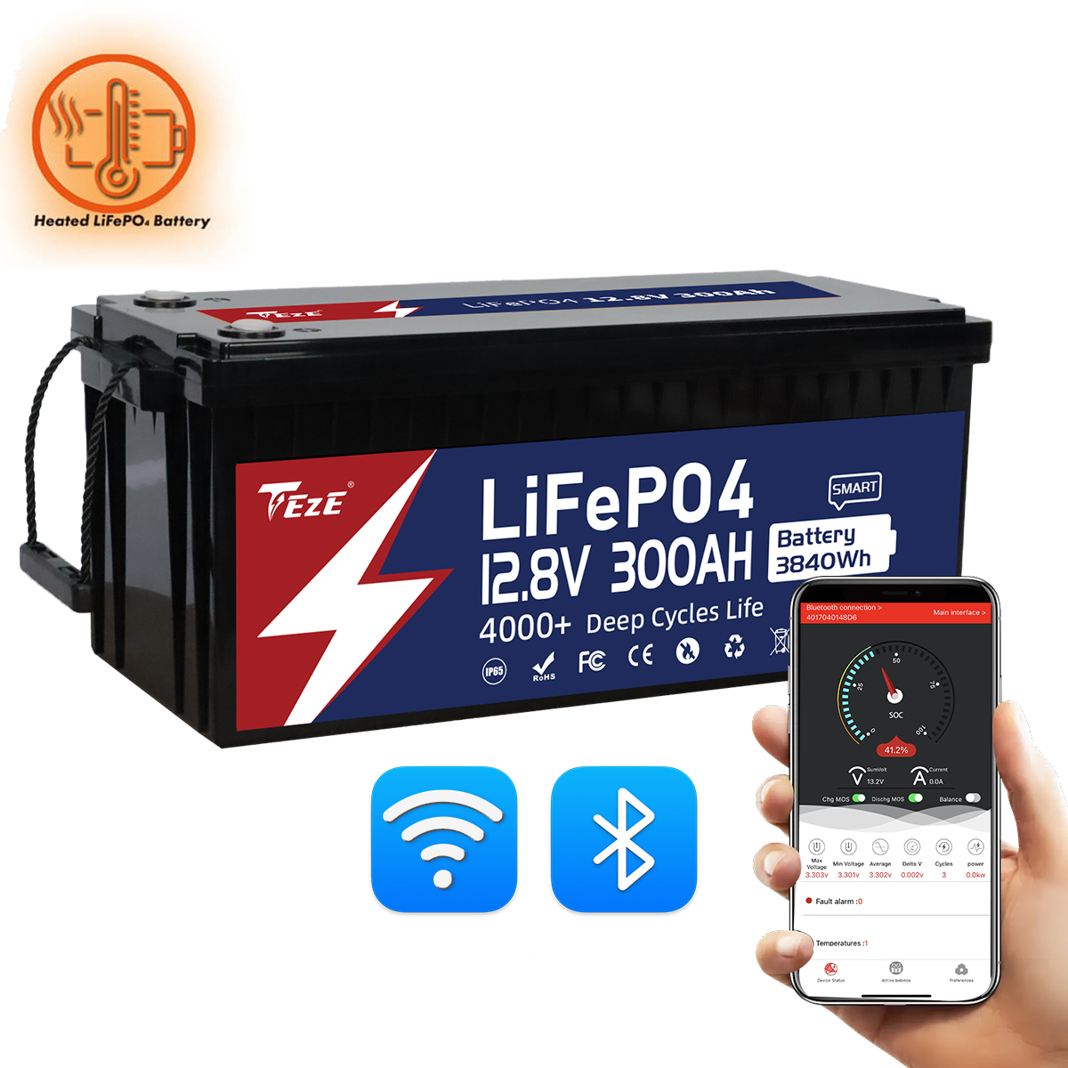 TezePower 12V 300Ah LiFePO4 Battery with RS485/RS232/CAN Communication Ports, WiFi and Bluetooth, Self-heating and Active Balancer, Built-in 200A Daly BMS(WiFi Built-in Version)-TezePower