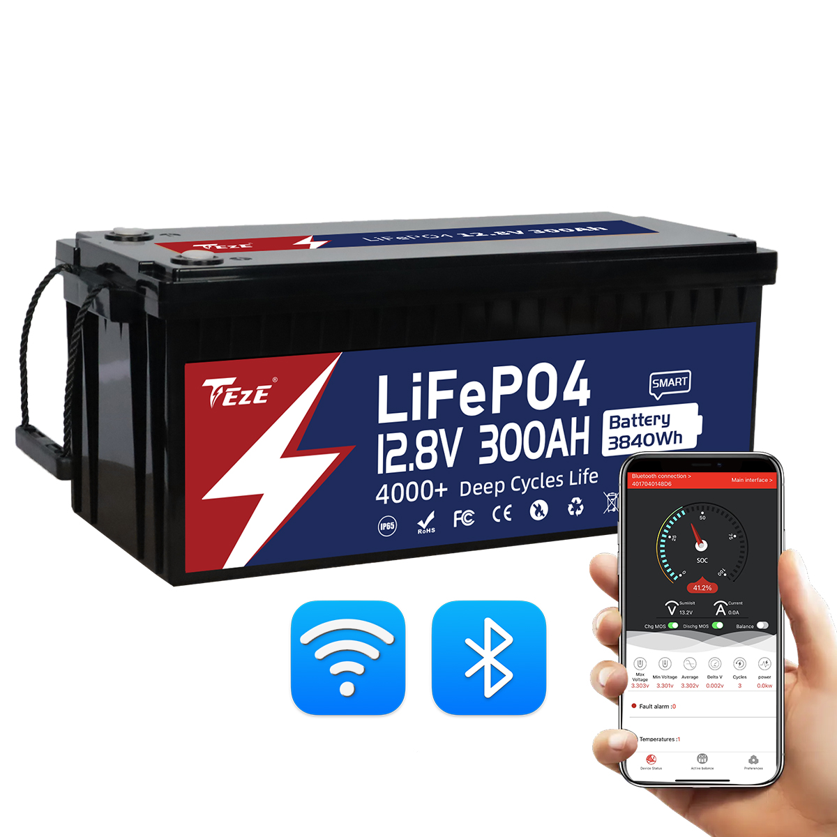 TezePower 12V 300Ah LiFePO4 Battery with WiFi and Bluetooth, Self-heating and Active Balancer, Built-in Smart 200A Daly BMS(WiFi Built-in Version)-TezePower
