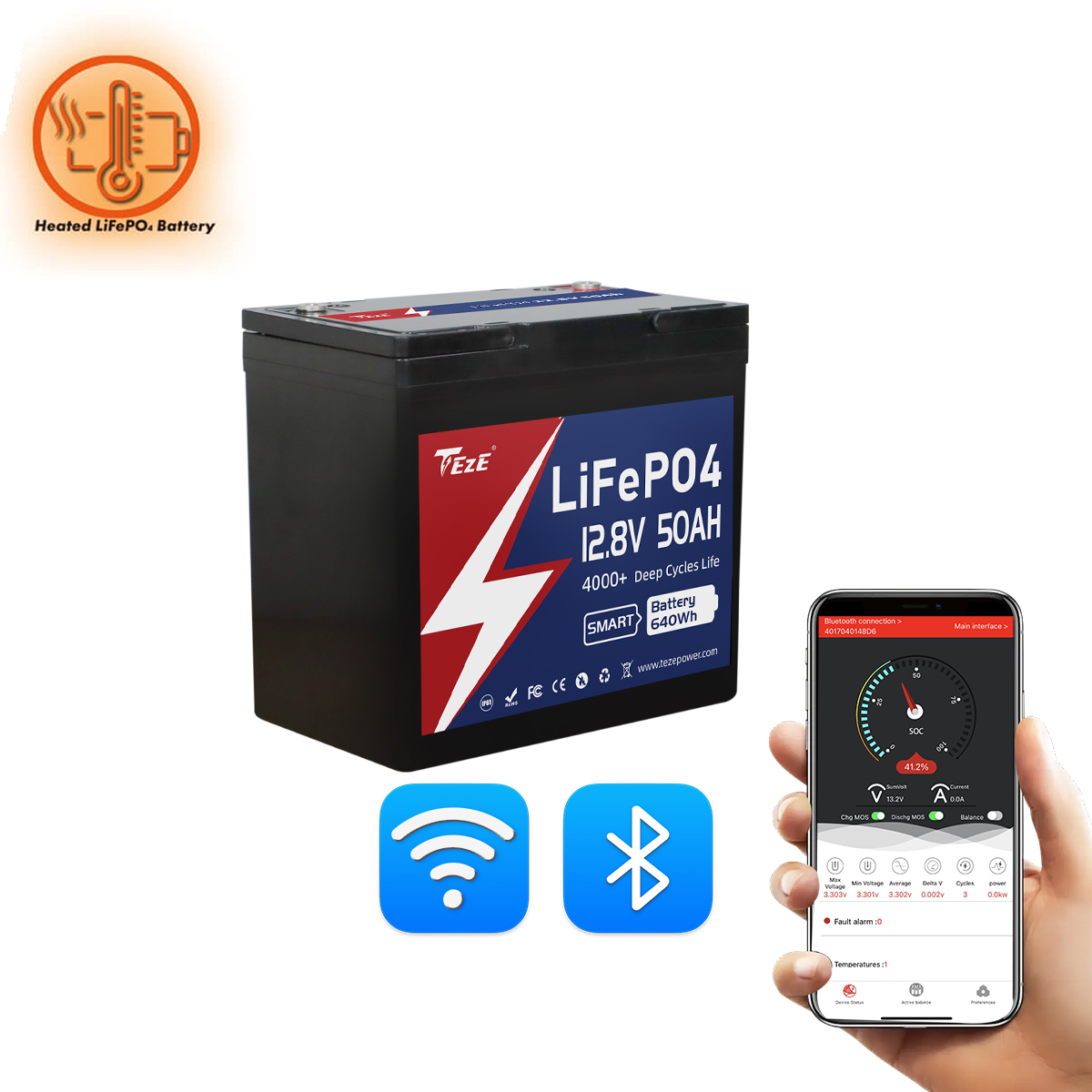 New Add WiFi-TezePower 12V 50Ah LiFePO4 Battery with WIFI and Bluetooth, Self-heating and Active Balancer, Built-in 50A Daly BMS(WIFI Built-in Version)