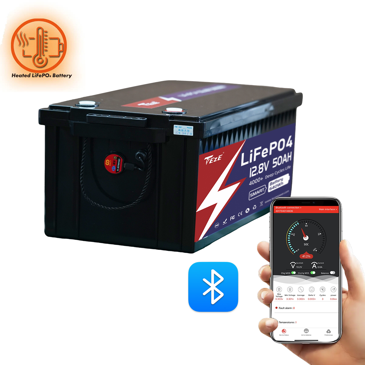 NEW-TezePower 12V50Ah LiFePO4 Battery with Bluetooth, Self-heating and Active Balancer, Built-in 50A Daly BMS (Bluetooth External Version)-TezePower