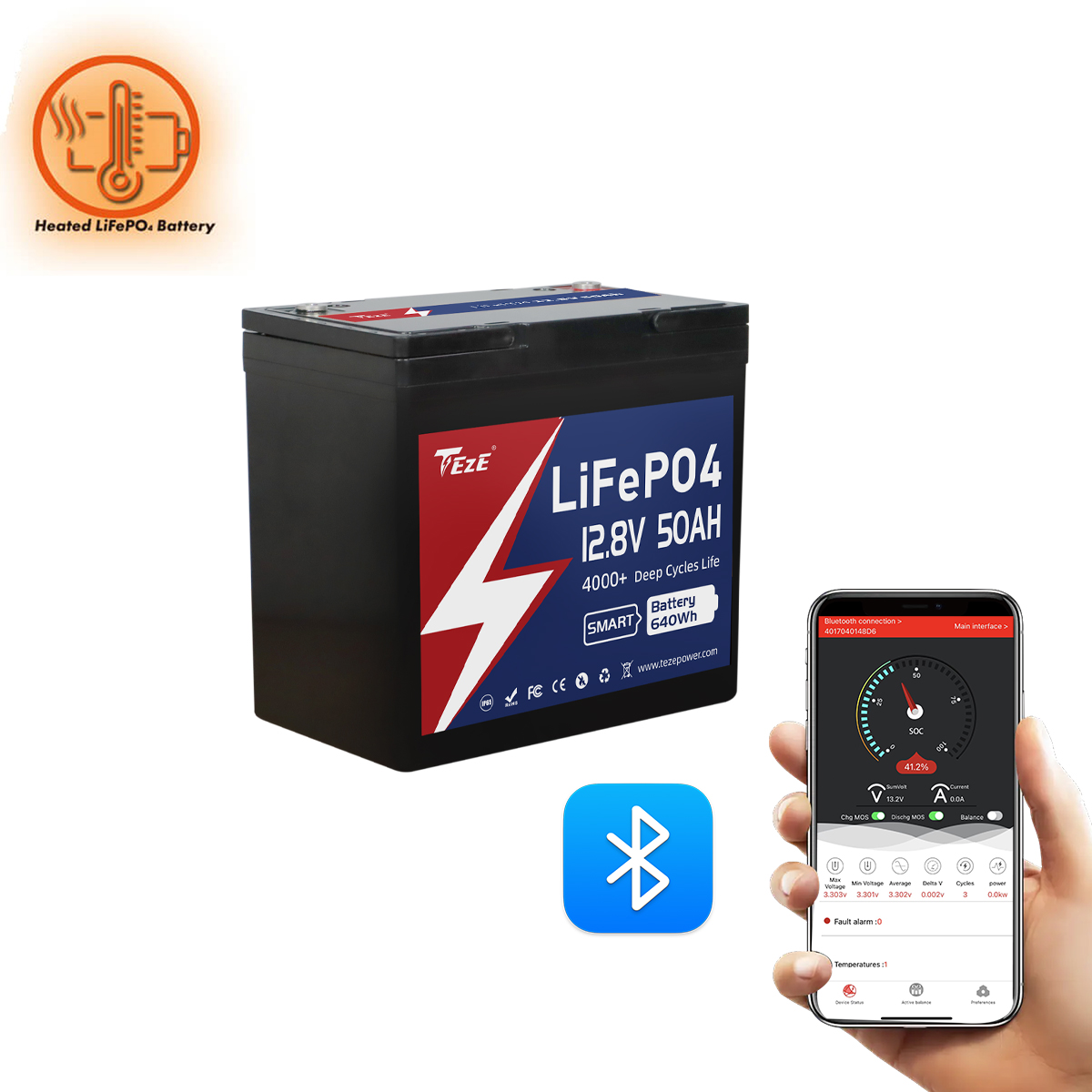 tezepower lifepo4 12V50ah lithium solar battery with bluetooth