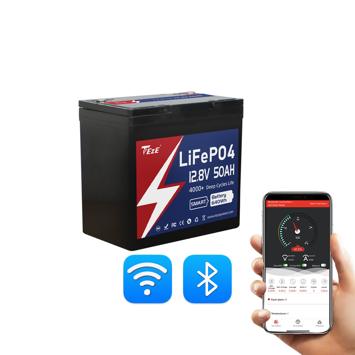 TezePower 12V 50Ah LiFePO4 Battery with WiFi and Bluetooth, Self-heating and Active Balancer, Built-in Smart 50A Daly BMS(WiFi Built-in Version)-TezePower