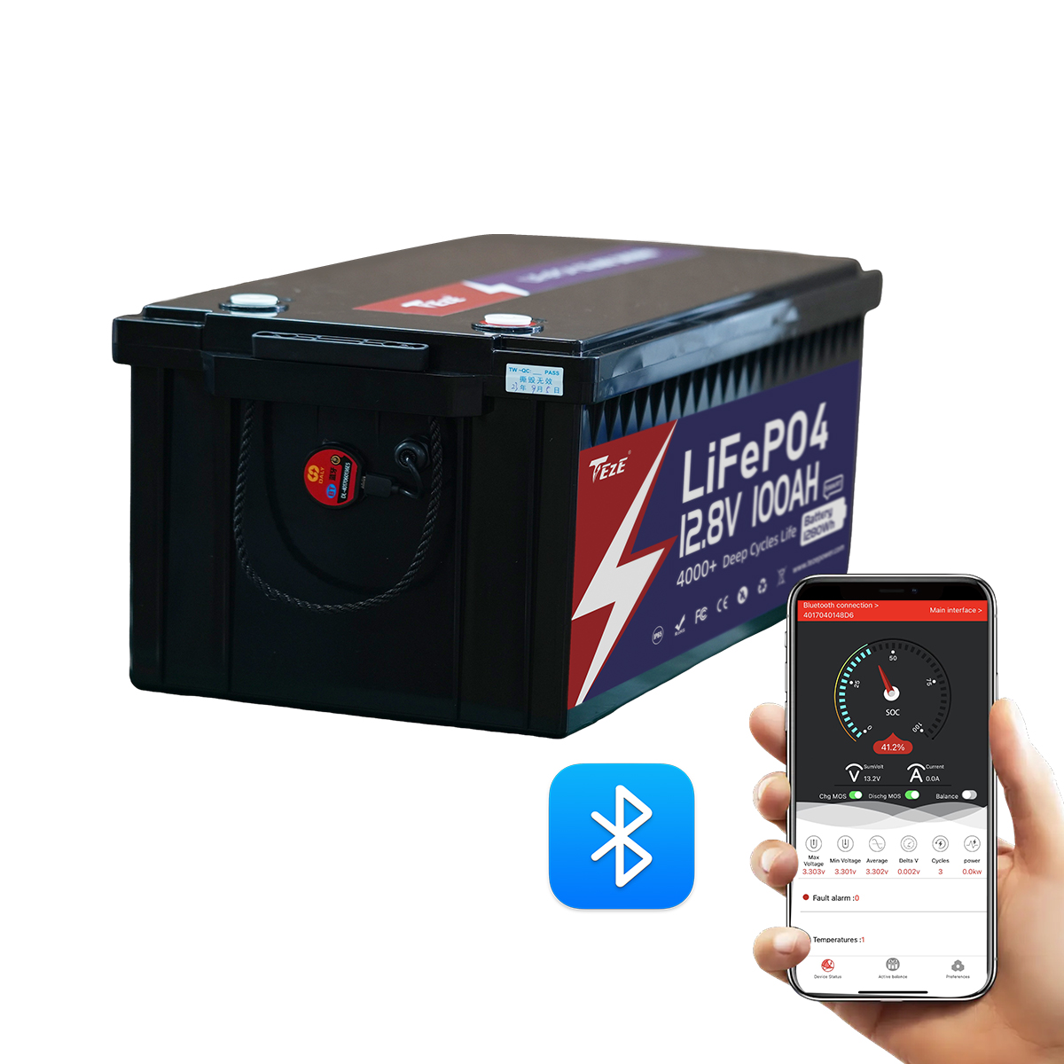 TezePower 12V100Ah LiFePO4 Battery with Bluetooth Smart 100A Daly BMS, Self-heating and Active Balancer (Bluetooth External Version)-TezePower