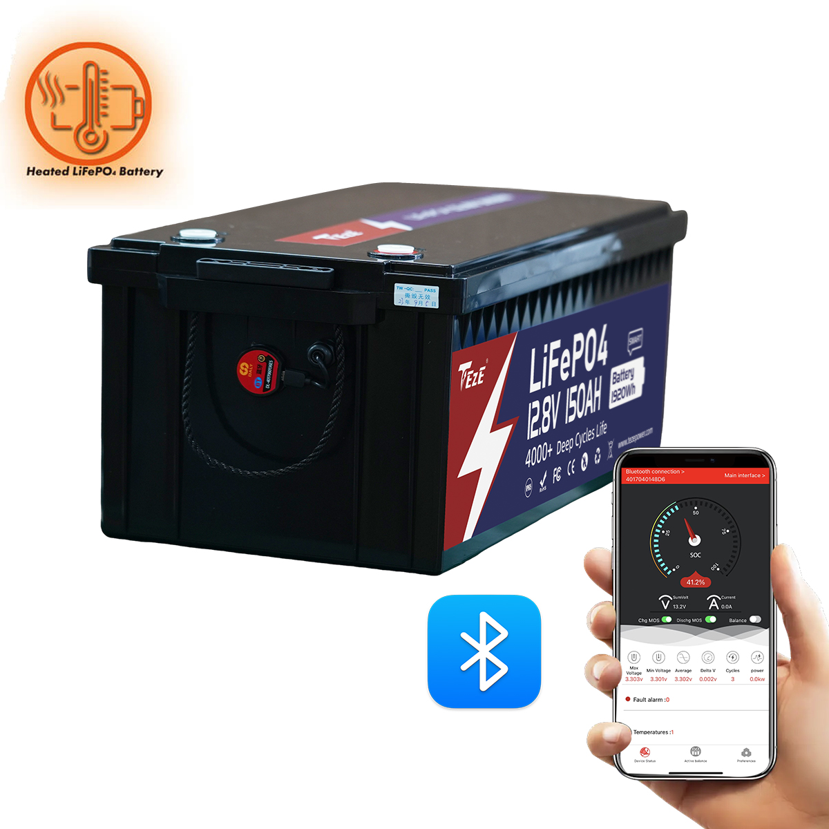 NEW-TezePower 12V150Ah LiFePO4 Battery with Bluetooth, Self-heating and Active Balancer, Built-in 150A Daly BMS (Bluetooth External Version)