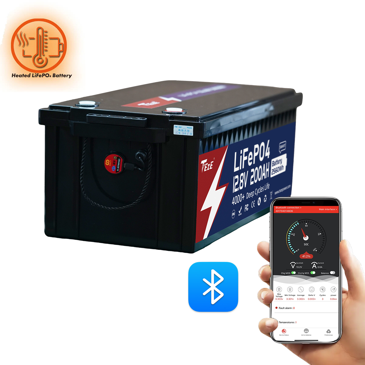 TezePower 12V200Ah LiFePO4 Batterie with Bluetooth, RS485/RS232/CAN Communication Ports, Self-heating and Active Balancer, Built-in 200A Daly BMS (Bluetooth External Version)-TezePower