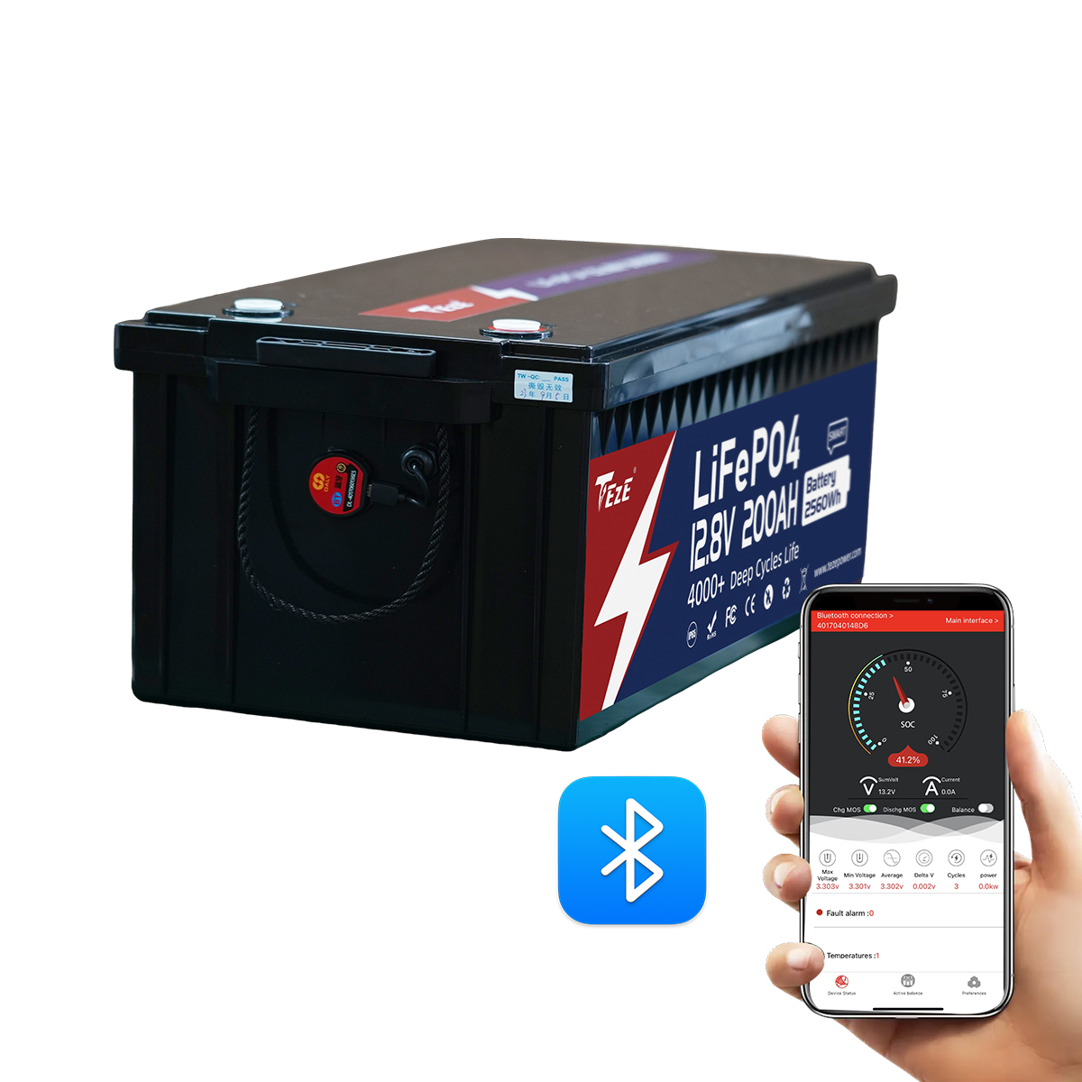 TezePower 12V200Ah LiFePO4 Battery with Bluetooth Smart 200A Daly BMS, Self-heating and Active Balancer(Bluetooth External Version)-TezePower