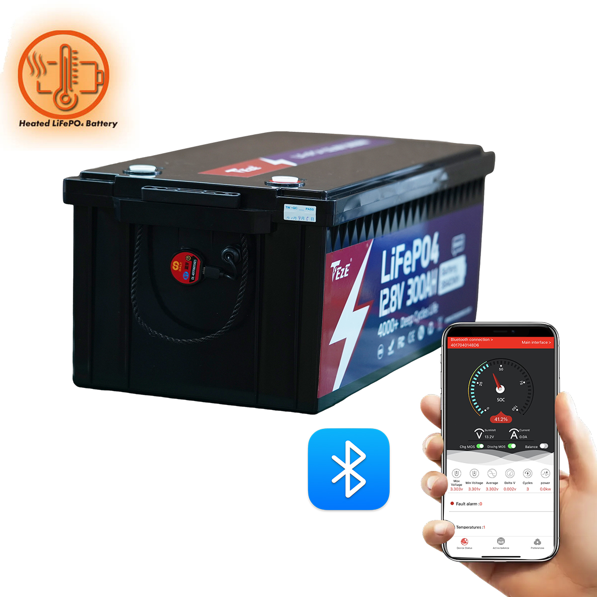 NEW-TezePower 12V300Ah LiFePO4 Battery with Bluetooth, Self-heating and Active Balancer, Built-in 200A Daly BMS (Bluetooth External Version)