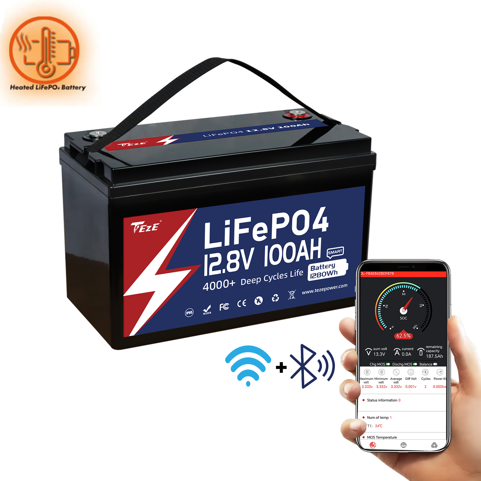 12V100Ah with WiFi and Bluetooth LiFePO4 Lithium Battery Packs Batteries