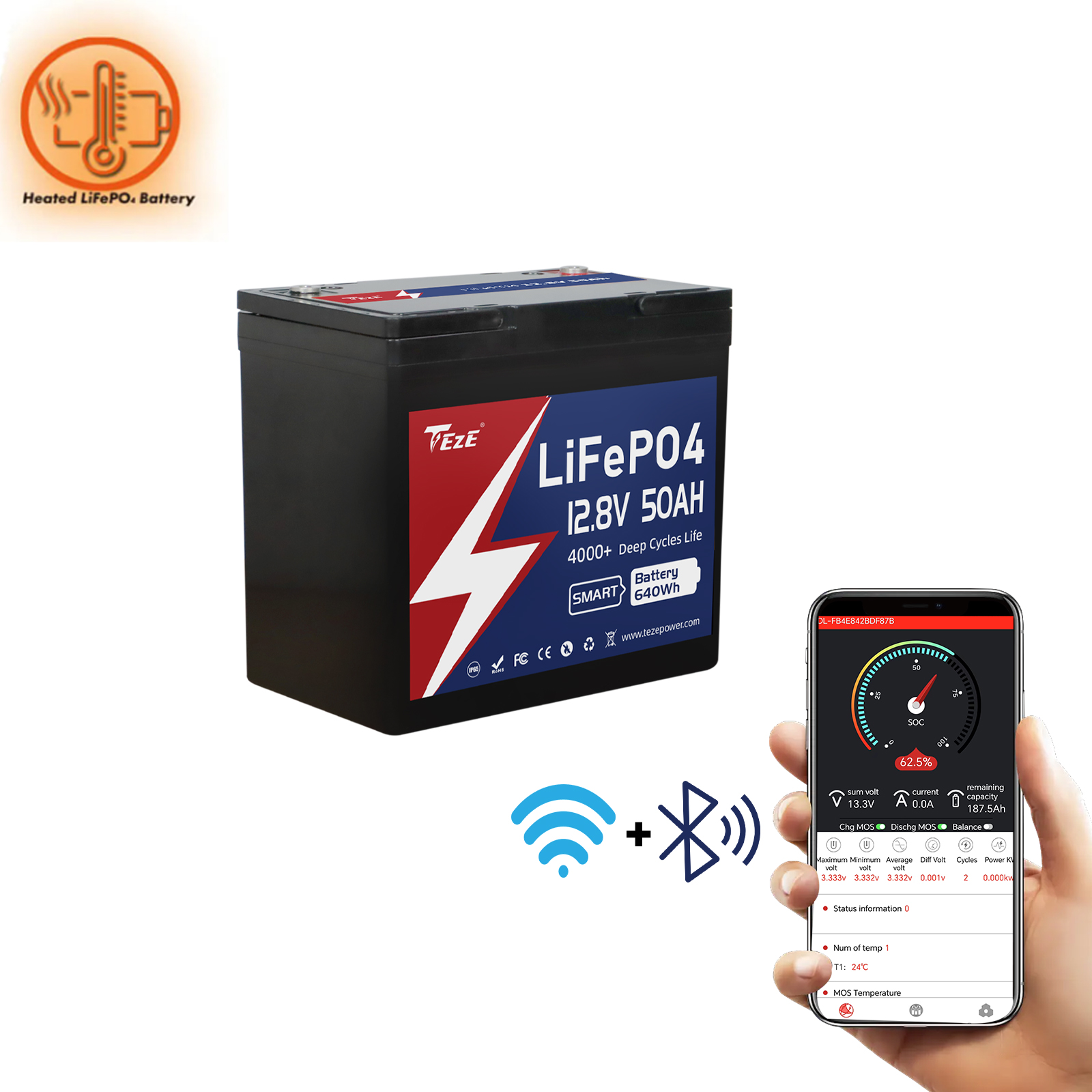 New Add WiFi-TezePower 12V 50Ah LiFePO4 Battery with WIFI and Bluetooth,  Self-heating and Active Balancer, Built-in 50A Daly BMS(WIFI Built-in