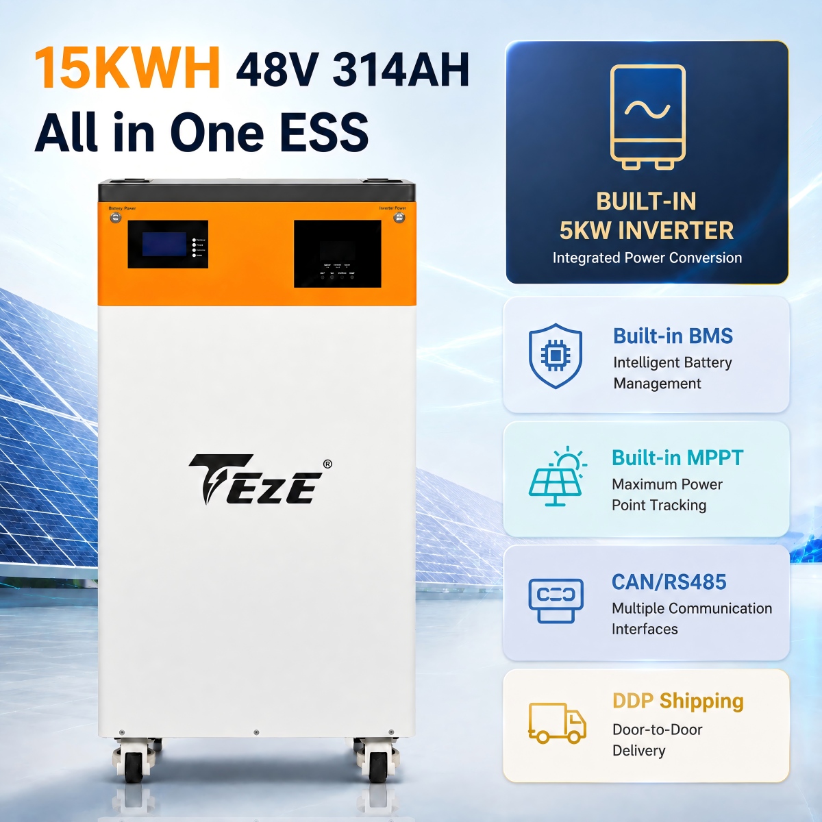 TezePower 51.2V 48V 300Ah All in One 16KWH 15kWh LiFePO4 Battery Mobile ESS Built-in 5kw Hybrid Off-grid Inverter, BMS, MPPT, Active Balancer-Backup Power for Home