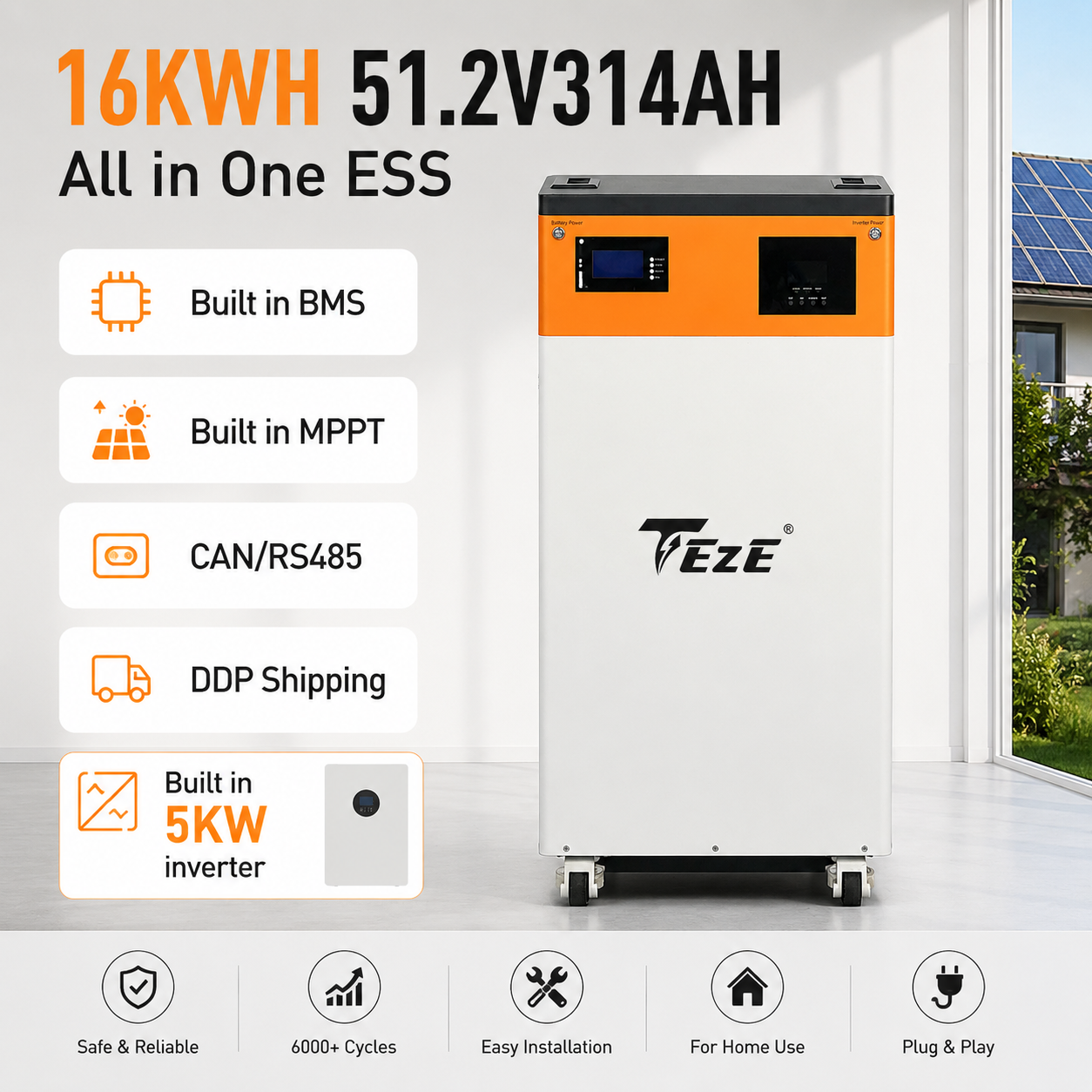 TezePower 16KWH 51.2V 314Ah All in One LiFePO4 Battery Built-in 5KW Hybrid Off-grid Inverter 48V 15KWH Mobile ESS With 5A Active Balancer