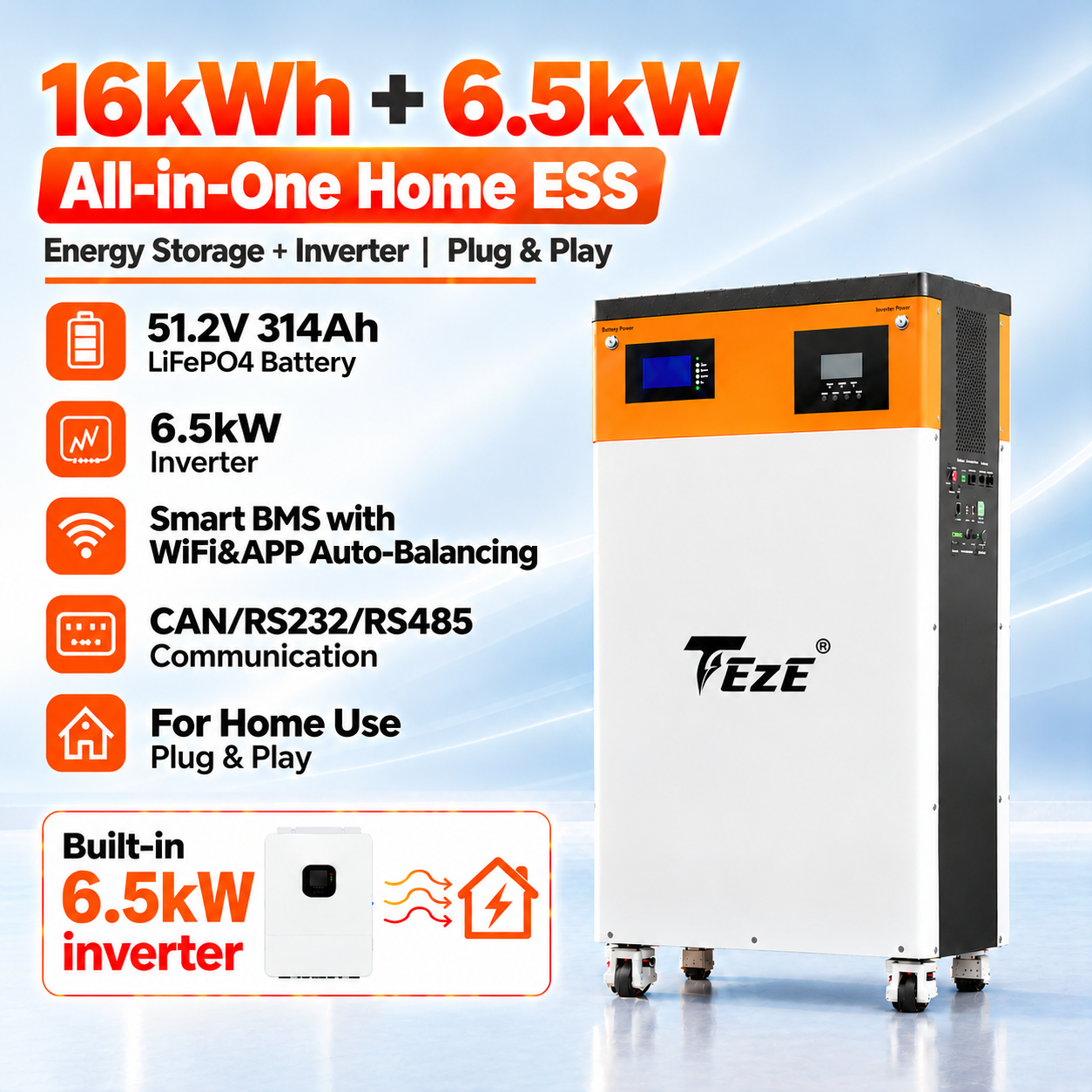 16kWh All-in-One ESS 51.2V 314Ah LiFePO4 Battery with Built-in 6.5kW Hybrid Off-grid Inverter, Smart Bms, Active Balancing | TezePower