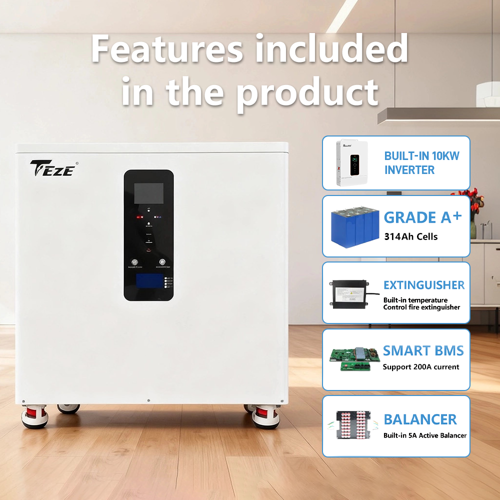 TezePower 51.2V 48V 314Ah All in One 16kWh LiFePO4 Battery Mobile ESS Built-in 10kW Hybrid Off-grid Inverter, BMS, MPPT, Active Balancer, Backup Power for Home