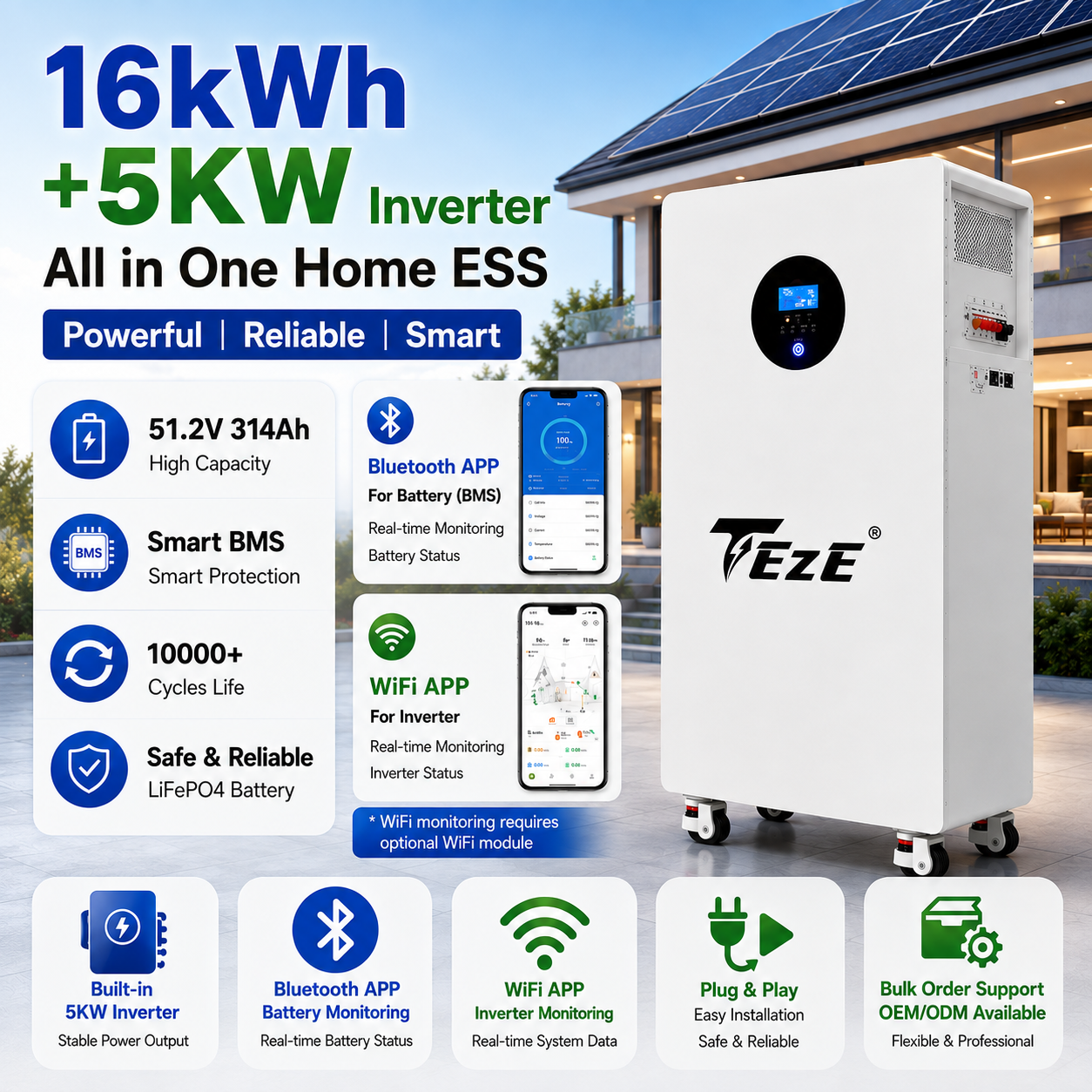 New TezePower 16kWh All in One LiFePO4 Battery 51.2V 314Ah Home Battery Storage Built-in 5kW Hybrid Off-grid Inverter, Smart Bluetooth JK BMS, Active Balancing