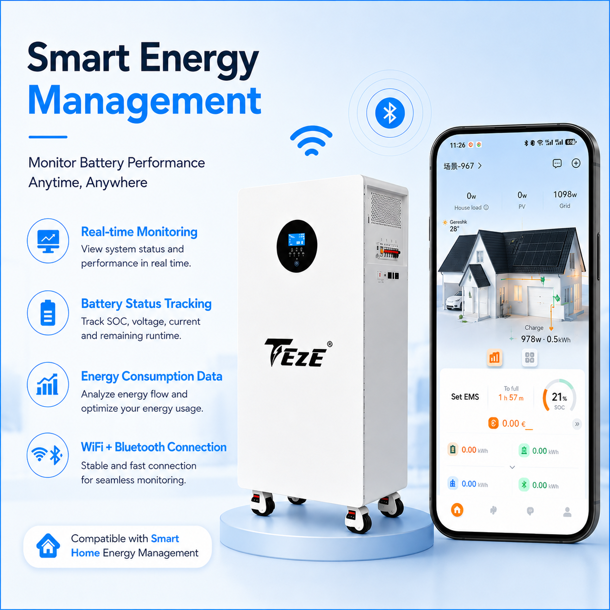 New TezePower 16kWh All in One LiFePO4 Battery 51.2V 314Ah Home Battery Storage Built-in 5kW Hybrid Off-grid Inverter, Smart Bluetooth JK BMS, Active Balancing