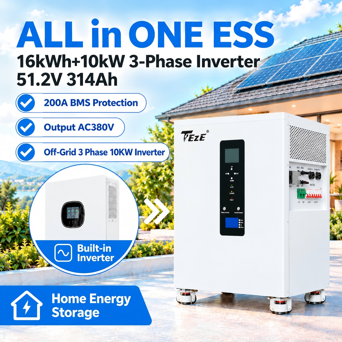 TezePower 51.2V 48V 314Ah 16kWh All-in-One LiFePO4 Battery Mobile ESS Built-in 10kW Hybrid Off-grid Three-Phase Inverter, BMS, MPPT, Equalization Module