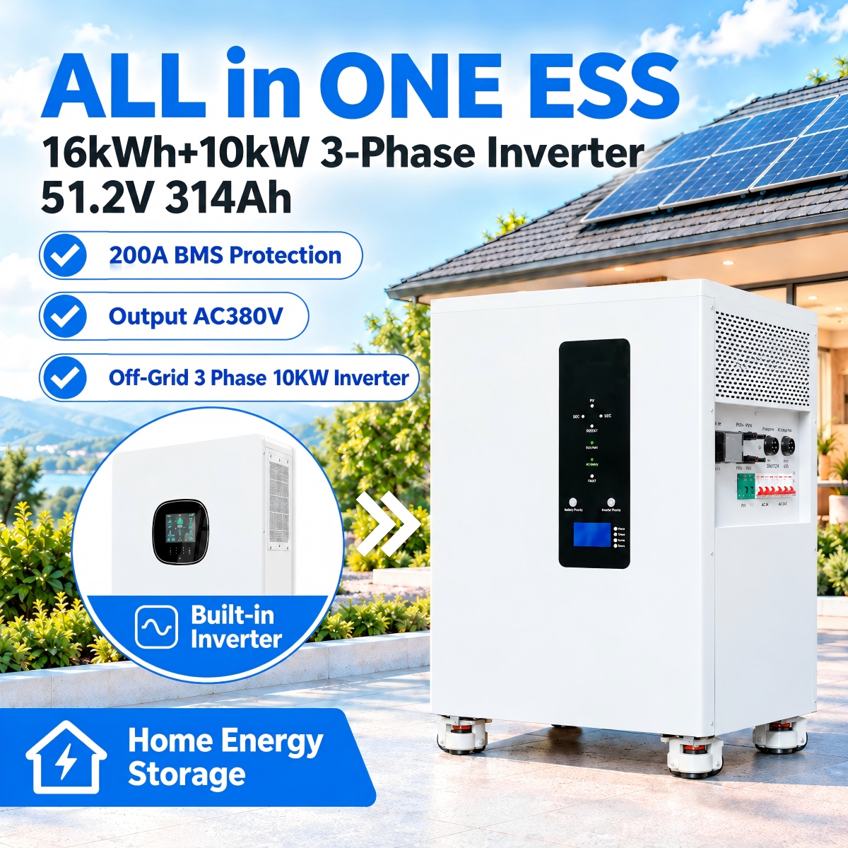 TezePower 51.2V 48V 314Ah 16kWh All-in-One LiFePO4 Battery Mobile ESS Built-in 10kW Hybrid Off-grid Three-Phase Inverter, BMS, MPPT, Equalization Module