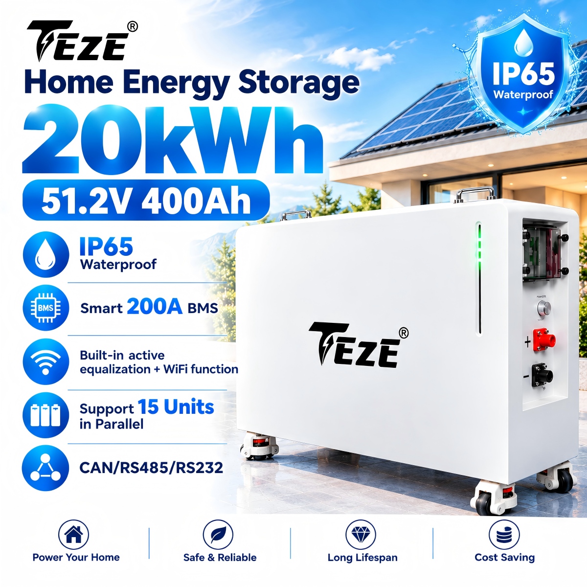 TezePower 20kWh 51.2V 400Ah LiFePO4 Battery IP65 Home Energy Storage with Smart BMS & WiFi
