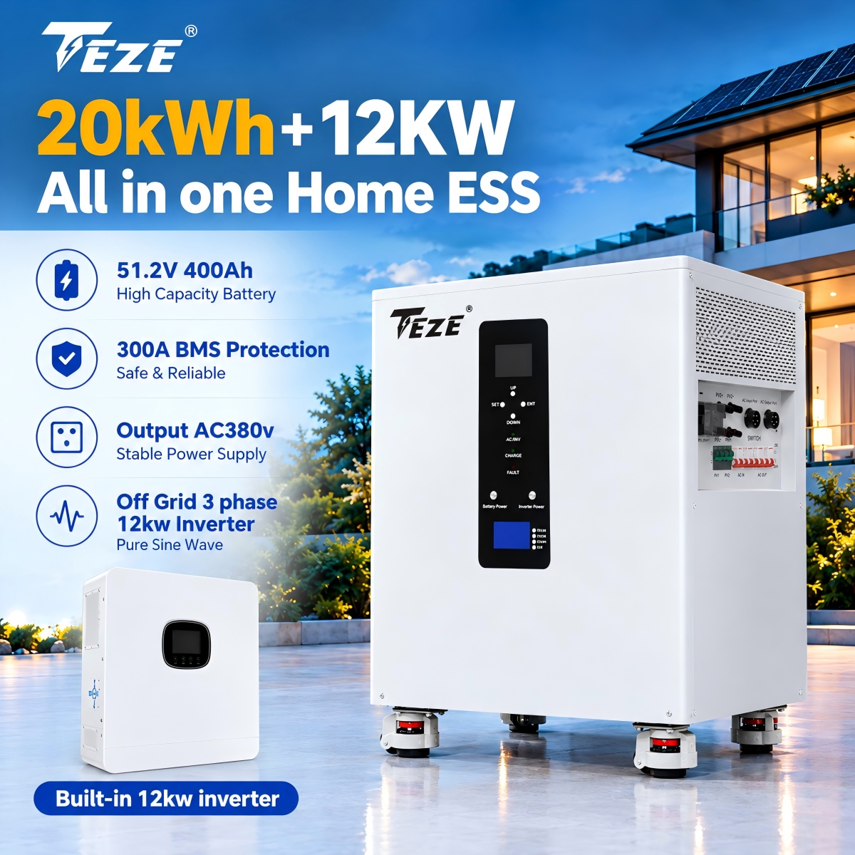 TezePower 51.2V 48V 400Ah All in One Mobile ESS 20kWh LiFePO4 Solar Battery Built-in 10kW/12kW Hybrid Off-grid Three-Phase AC380V Inverter, BMS, MPPT, Equalization Module