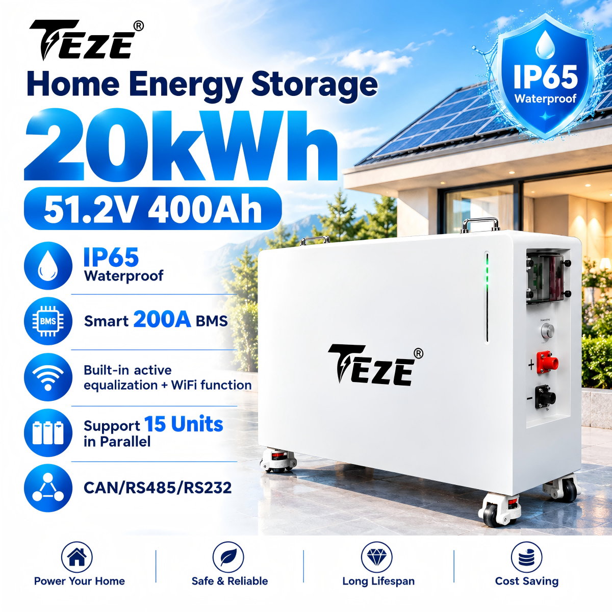 TezePower 20kWh 51.2V 400Ah LiFePO4 Battery IP65 Home Energy Storage with Smart BMS & WiFi