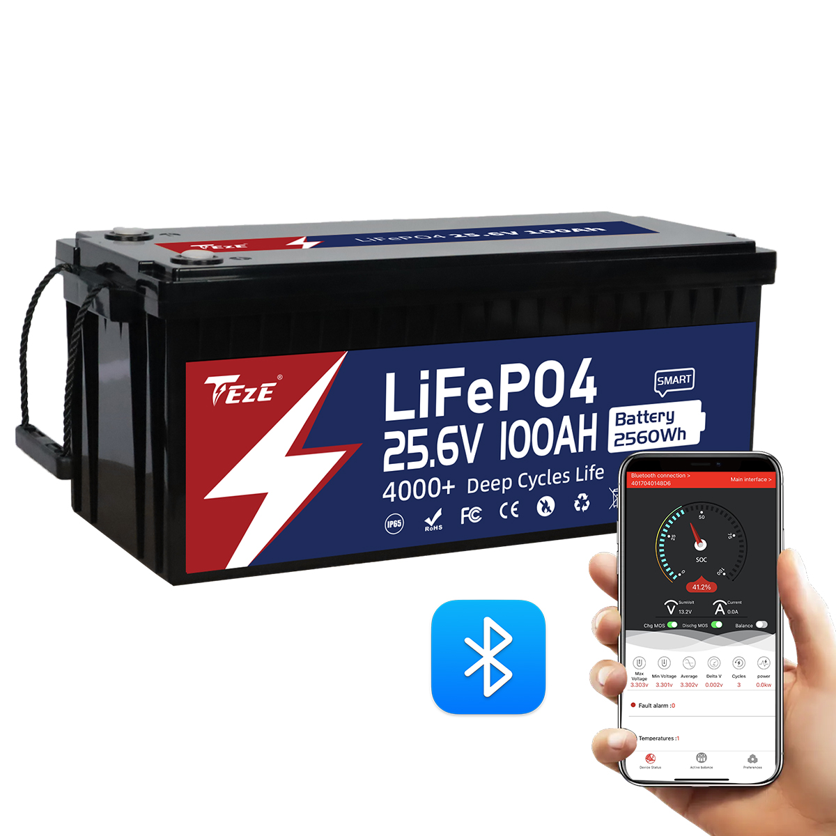 TezePower 24V 100Ah LiFePO4 Battery with Bluetooth, Self-heating and Active  Balancer, Built-in 100A Daly BMS(Bluetooth Built-in Version)
