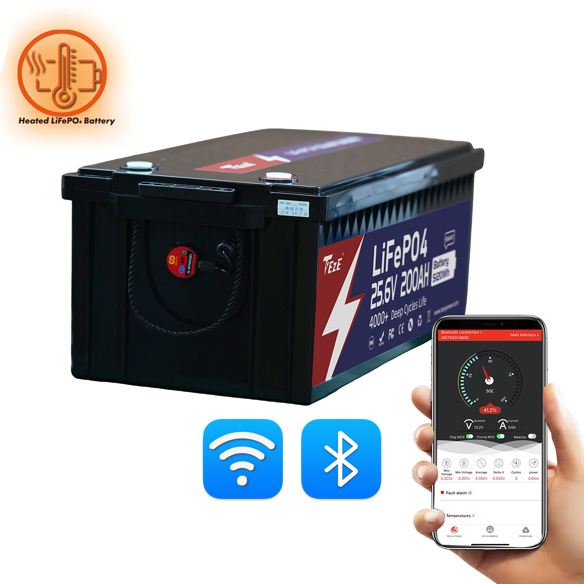 New Add WiFi-TezePower 24V 200Ah LiFePO4 Battery with WIFI and Bluetooth, Self-heating and Active Balancer, Built-in 200A Daly BMS(WIFI External Version)