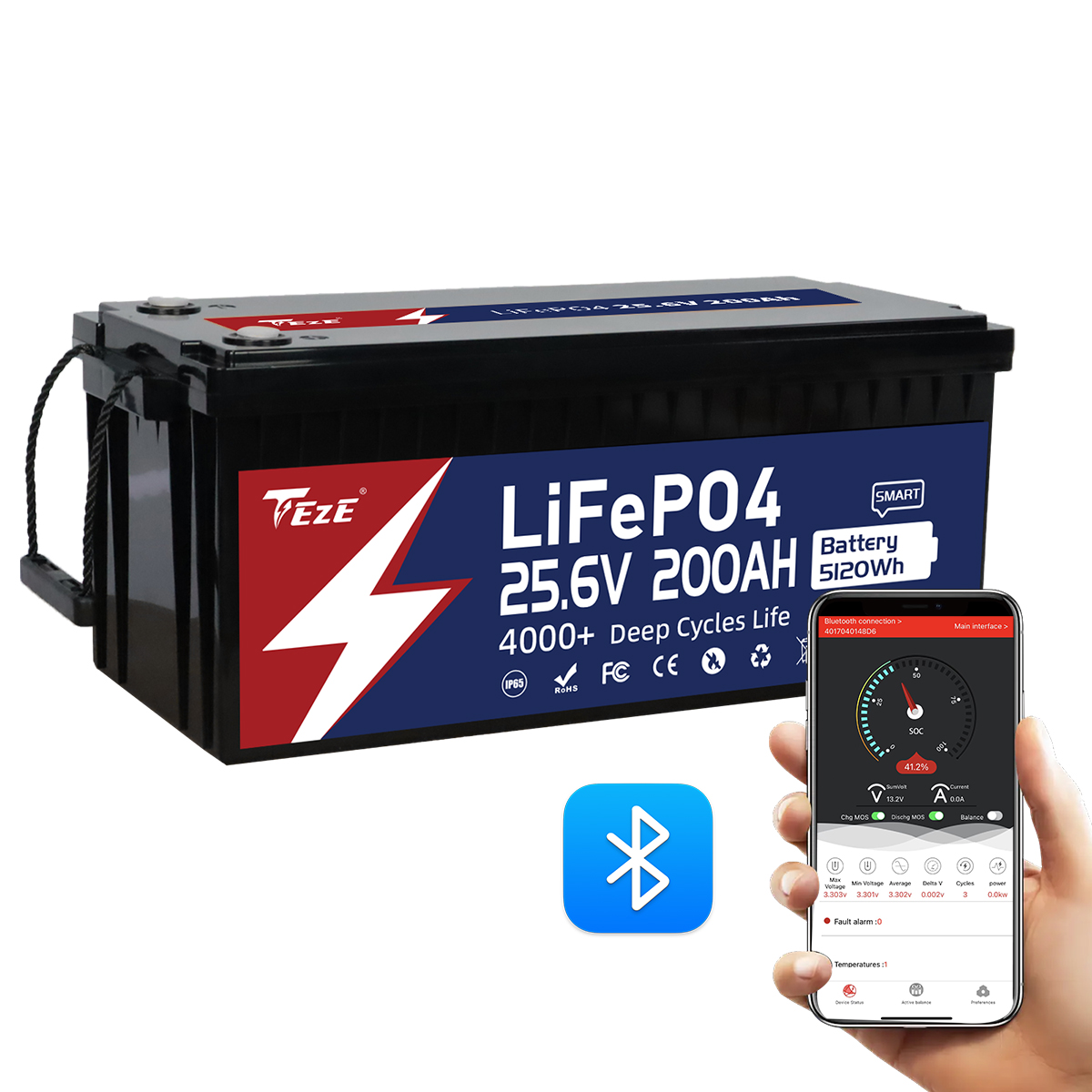 TezePower 24V 200Ah LiFePO4 Battery with Bluetooth, Self-heating and Active Balancer, Built-in Smart 200A Daly BMS (Bluetooth Built-in Version)-TezePower
